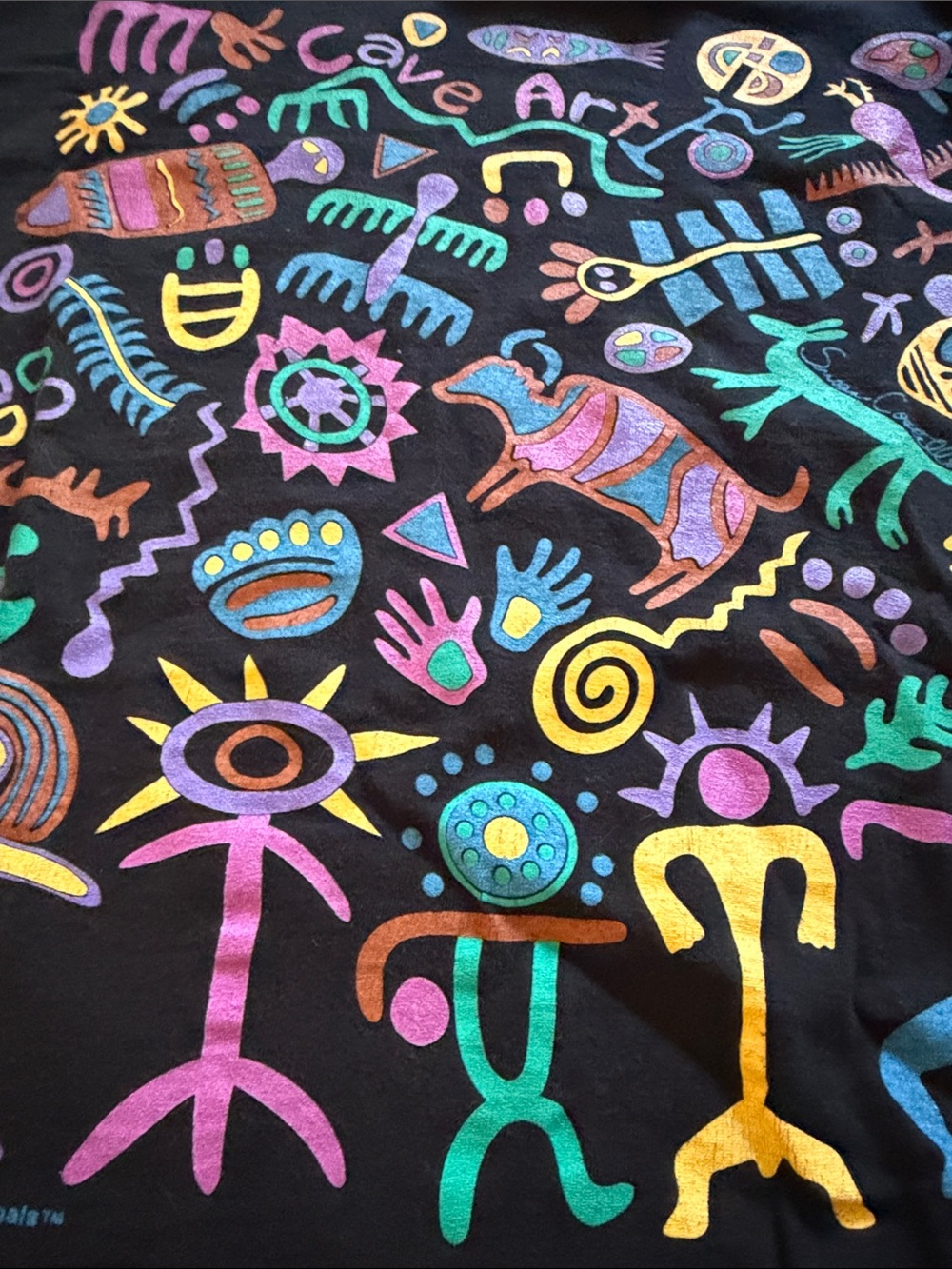 Black Short Sleeve Tee with Multicolor Cave Art Graphic - Picture 5 of 6